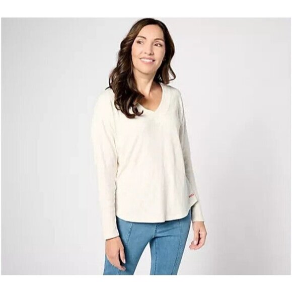 Peace Love World Tops - Peace Love World Long-Sleeve V-Neck Swing Top Pristine Ivory,XL